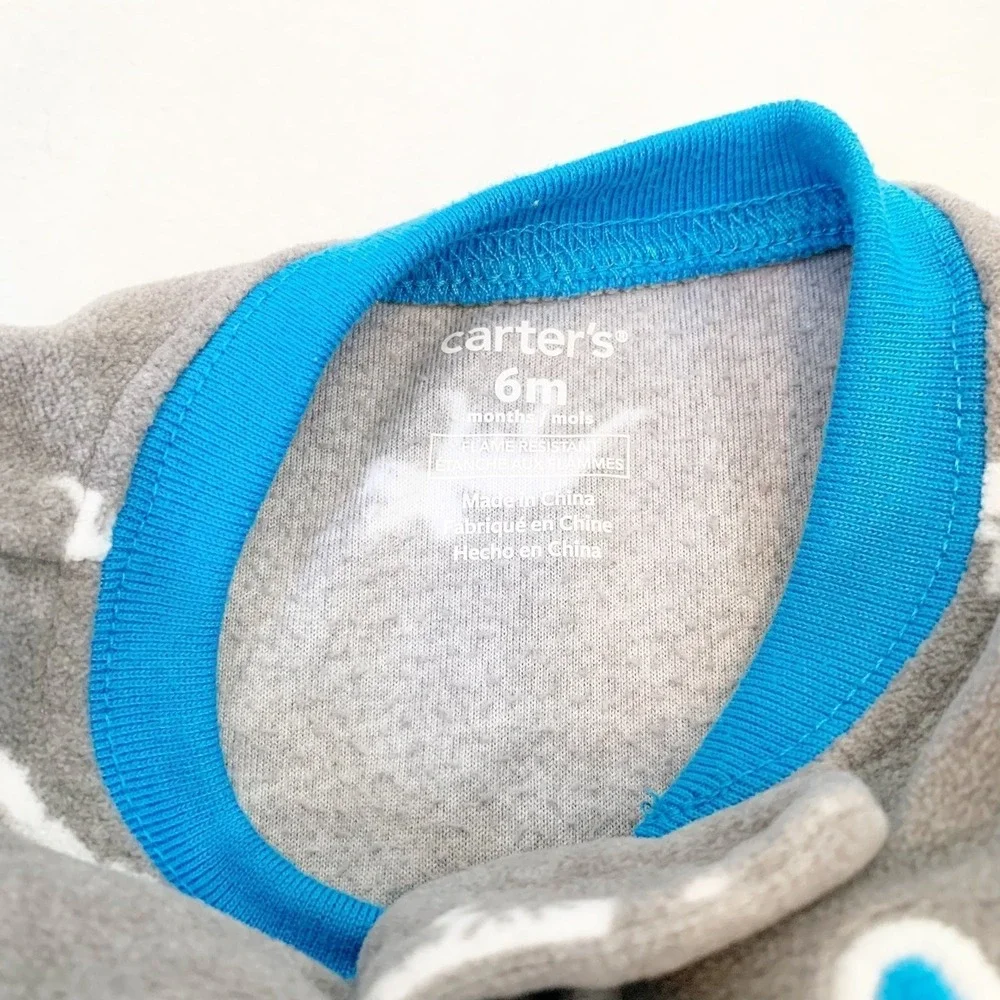 5/$25 Carter's Footed Pajamas Baby Boy 6M Grey Blue Dinosaur ROAR Fleece Sleeper